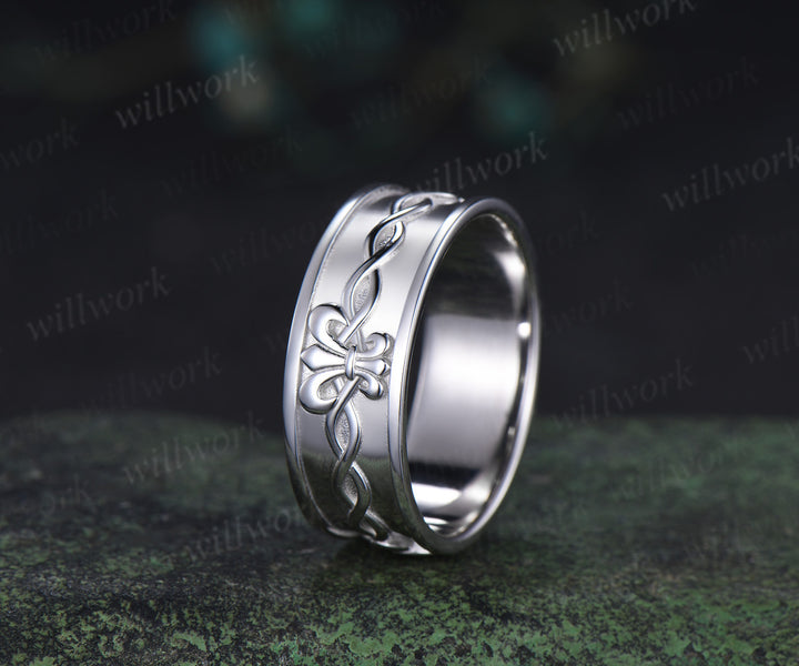 Fleur-de-lis twisted wedding band mens women full eternity nature inspired wedding ring set infinity couple rings