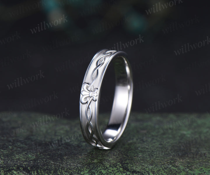Fleur-de-lis twisted wedding band mens women full eternity nature inspired wedding ring set infinity couple rings