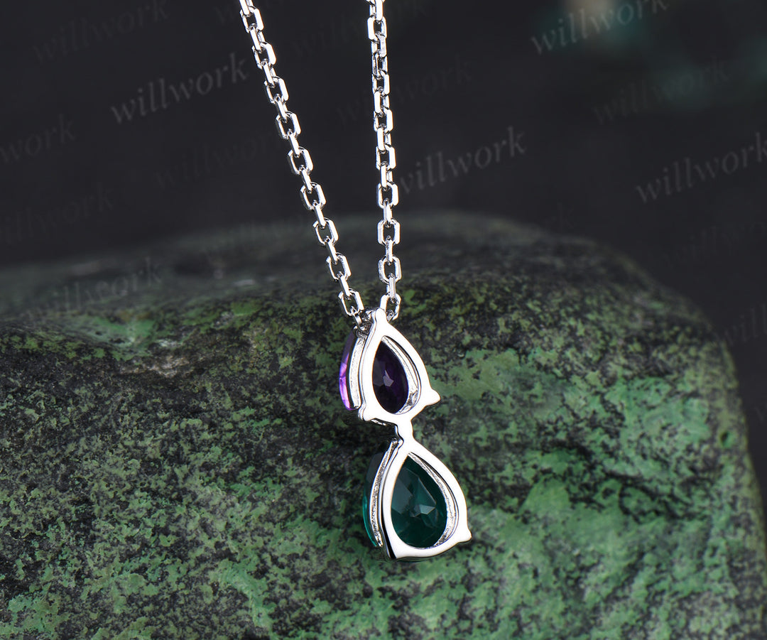 Romantic pear shape amethyst emerald 2-stone pendant necklace Toi et Moi necklace birthstone anniversary gifts