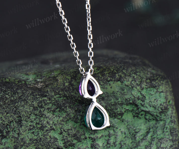 Romantic pear shape amethyst emerald 2-stone pendant necklace Toi et Moi necklace birthstone anniversary gifts