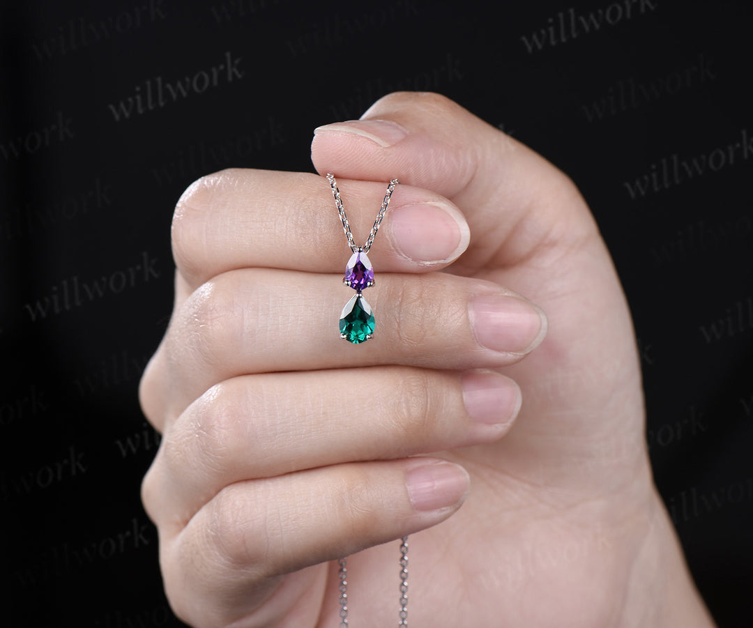 Romantic pear shape amethyst emerald 2-stone pendant necklace Toi et Moi necklace birthstone anniversary gifts