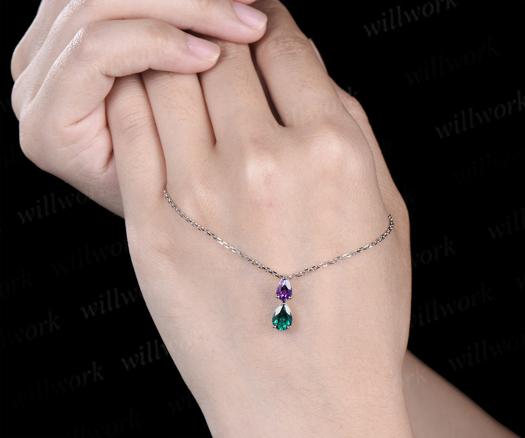 Romantic pear shape amethyst emerald 2-stone pendant necklace Toi et Moi necklace birthstone anniversary gifts