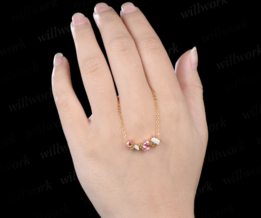 Oval Padparadscha Pink Sapphire Opal Peridot Necklace Multi Stone Bar Pendant Delicate Birthstone Jewelry