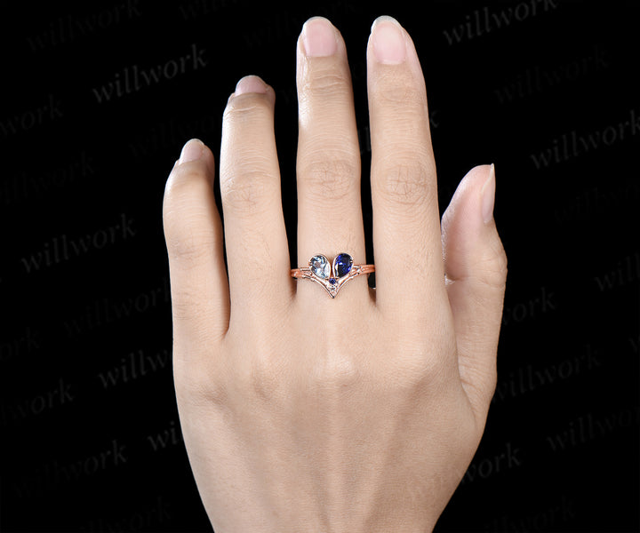 Toi et moi pear aquamarine sapphire engagement ring heart shape gemstone birthstone ring unique gifts for bff couple