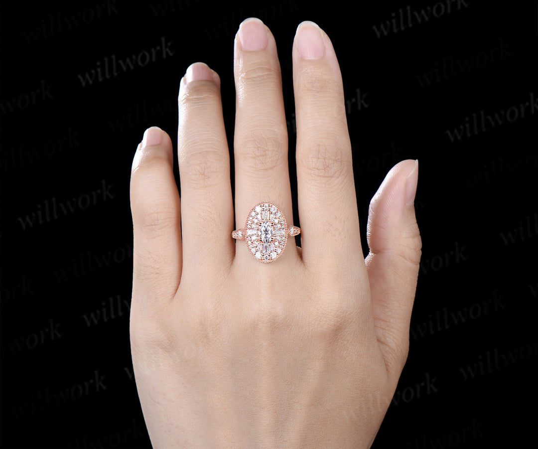 Oval Moissanite Milgrain Ring Vintage Halo Cocktail Ring Art Deco Inspired Statement Engagement Ring