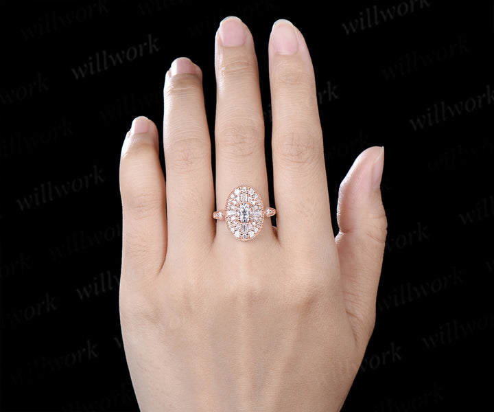 Oval Moissanite Milgrain Ring Vintage Halo Cocktail Ring Art Deco Inspired Statement Engagement Ring