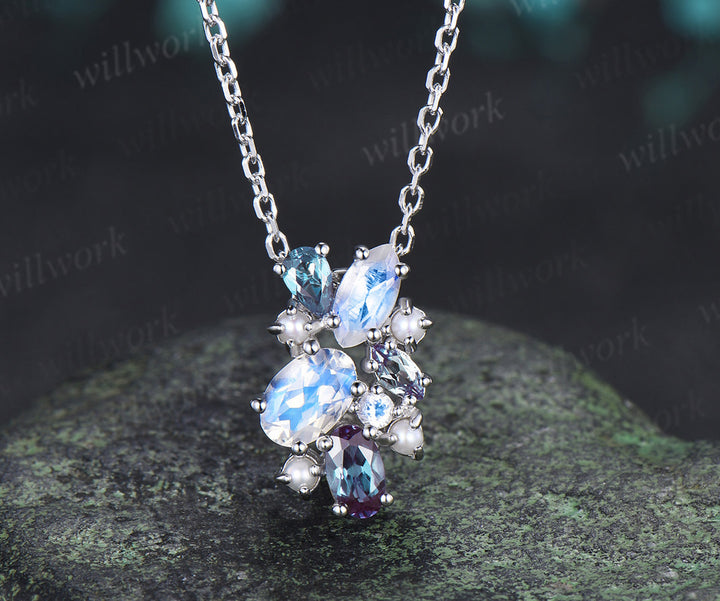 Oval Moonstone Necklace Alexandrite Pearl Cluster Pendant June Birthstone Gemstone Necklace for Women