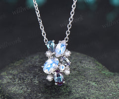 Oval Moonstone Necklace Alexandrite Pearl Cluster Pendant June Birthstone Gemstone Necklace for Women