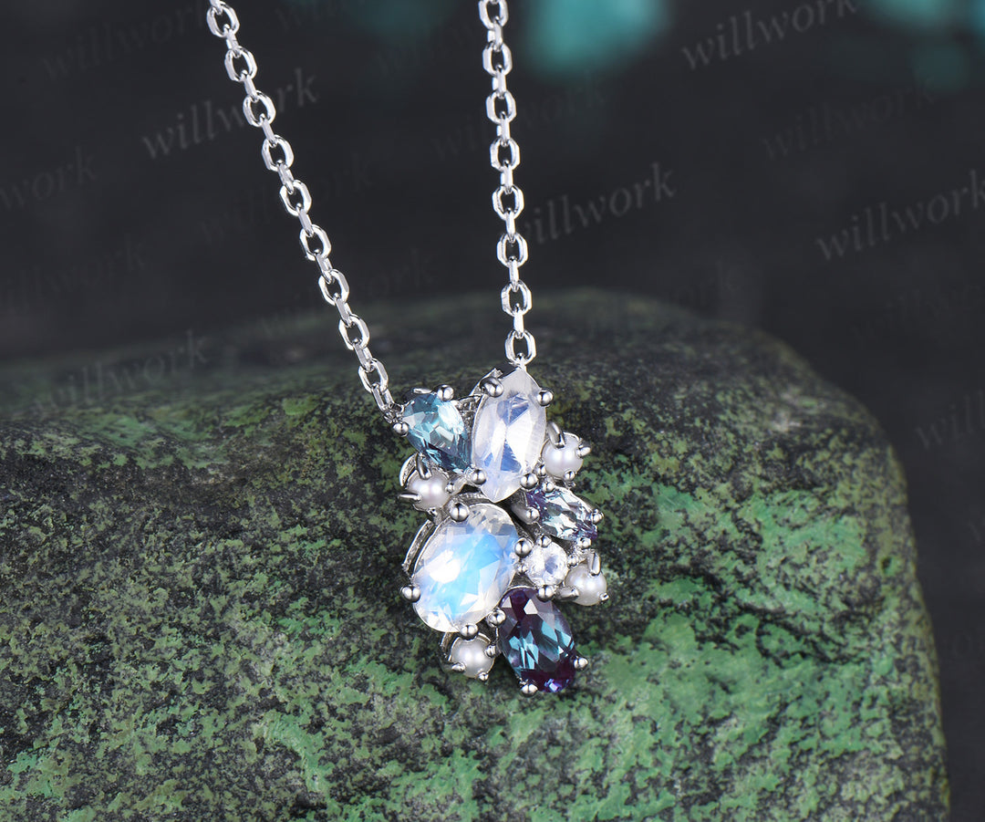 Oval Moonstone Necklace Alexandrite Pearl Cluster Pendant June Birthstone Gemstone Necklace for Women