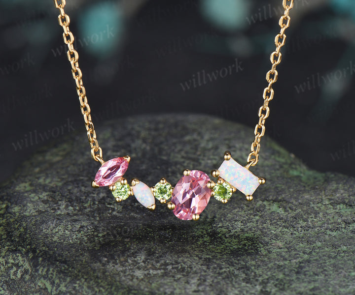 Oval Padparadscha Pink Sapphire Opal Peridot Necklace Multi Stone Bar Pendant Delicate Birthstone Jewelry