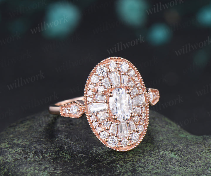 Oval Moissanite Milgrain Ring Vintage Halo Cocktail Ring Art Deco Inspired Statement Engagement Ring
