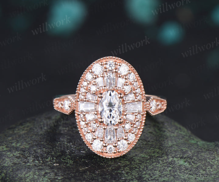 Oval Moissanite Milgrain Ring Vintage Halo Cocktail Ring Art Deco Inspired Statement Engagement Ring