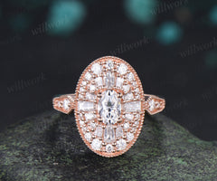 Oval Moissanite Milgrain Ring Vintage Halo Cocktail Ring Art Deco Inspired Statement Engagement Ring
