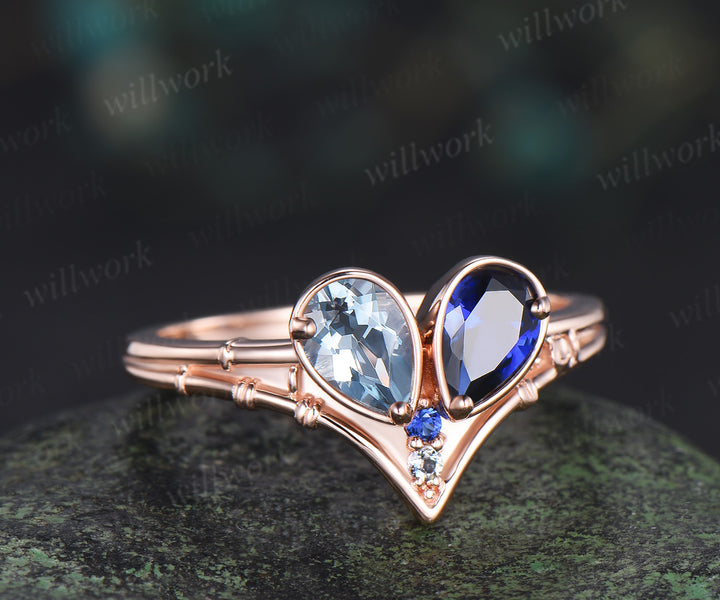 Toi et moi pear aquamarine sapphire engagement ring heart shape gemstone birthstone ring unique gifts for bff couple