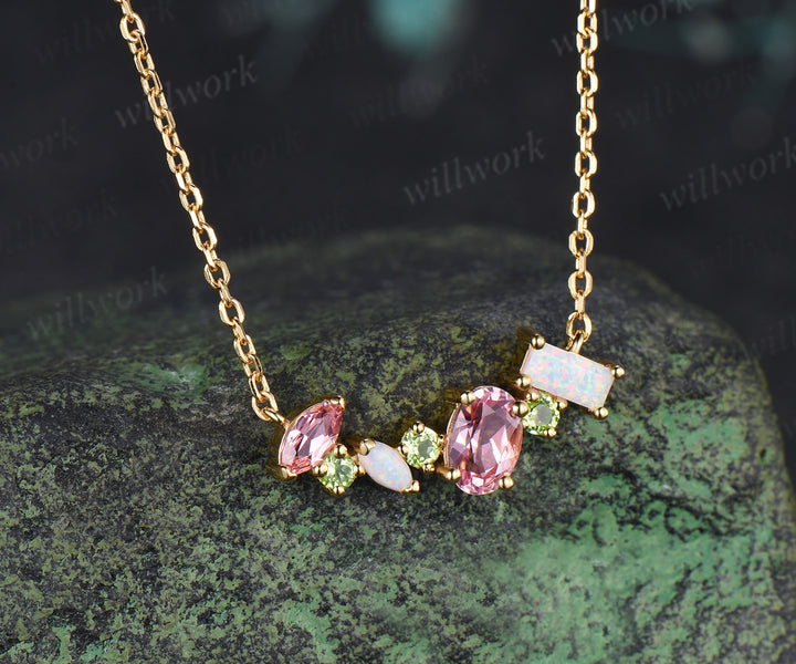 Oval Padparadscha Pink Sapphire Opal Peridot Necklace Multi Stone Bar Pendant Delicate Birthstone Jewelry