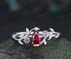 Pear ruby engagement ring natural inspired floral twig leaf ring minimalist ruby white gold promise ring for women