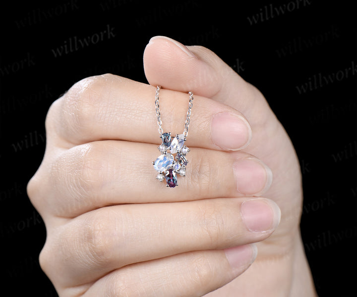 Oval Moonstone Necklace Alexandrite Pearl Cluster Pendant June Birthstone Gemstone Necklace for Women