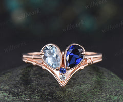 Toi et moi pear aquamarine sapphire engagement ring heart shape gemstone birthstone ring unique gifts for bff couple