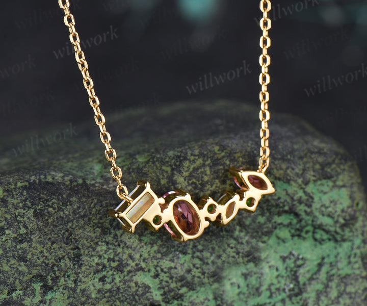 Oval Padparadscha Pink Sapphire Opal Peridot Necklace Multi Stone Bar Pendant Delicate Birthstone Jewelry