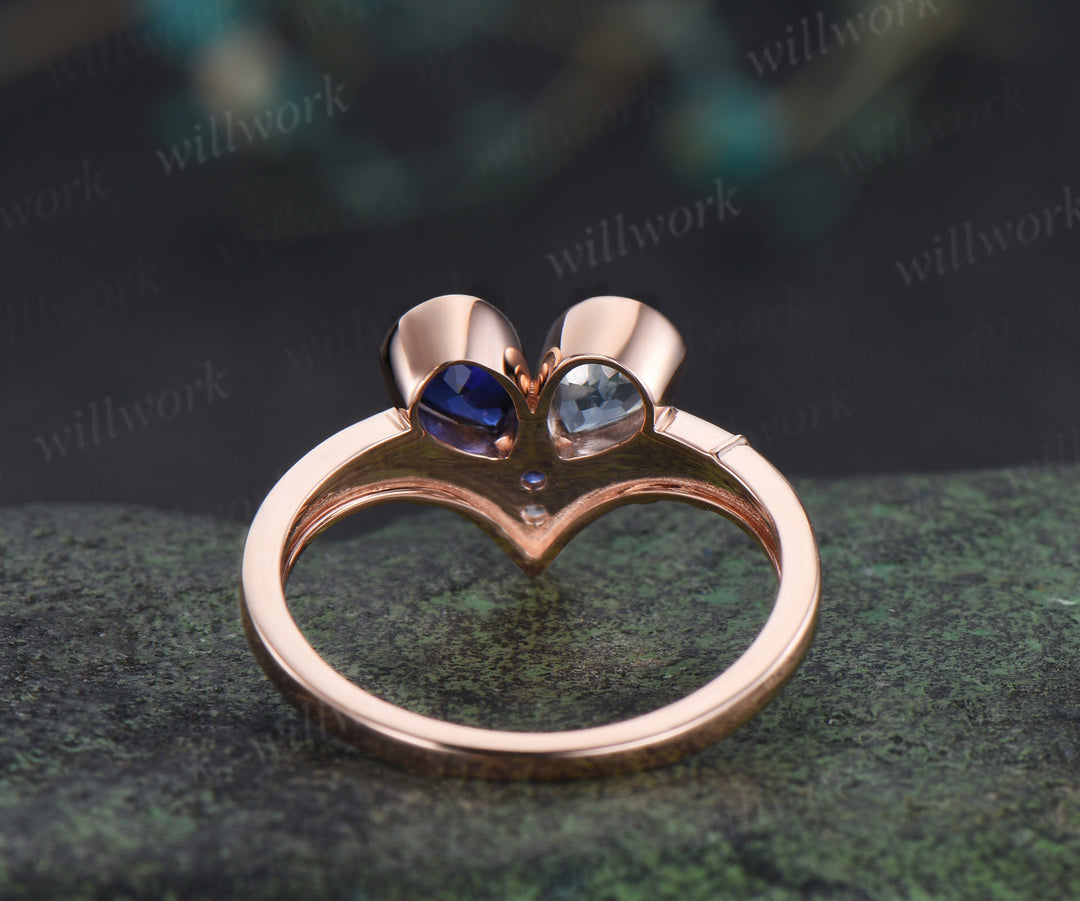 Toi et moi pear aquamarine sapphire engagement ring heart shape gemstone birthstone ring unique gifts for bff couple