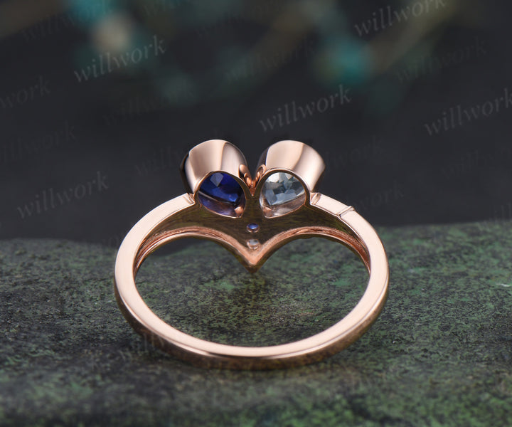 Toi et moi pear aquamarine sapphire engagement ring heart shape gemstone birthstone ring unique gifts for bff couple