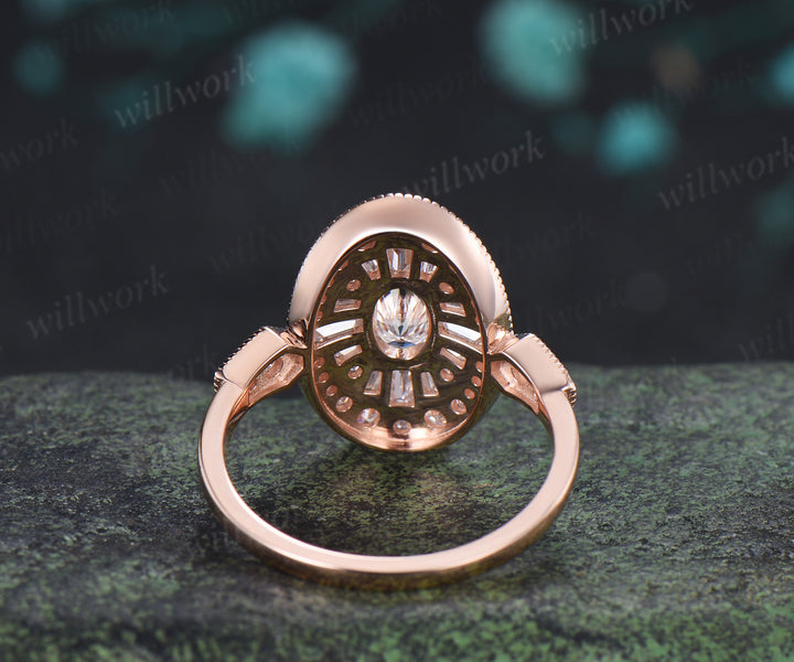 Oval Moissanite Milgrain Ring Vintage Halo Cocktail Ring Art Deco Inspired Statement Engagement Ring
