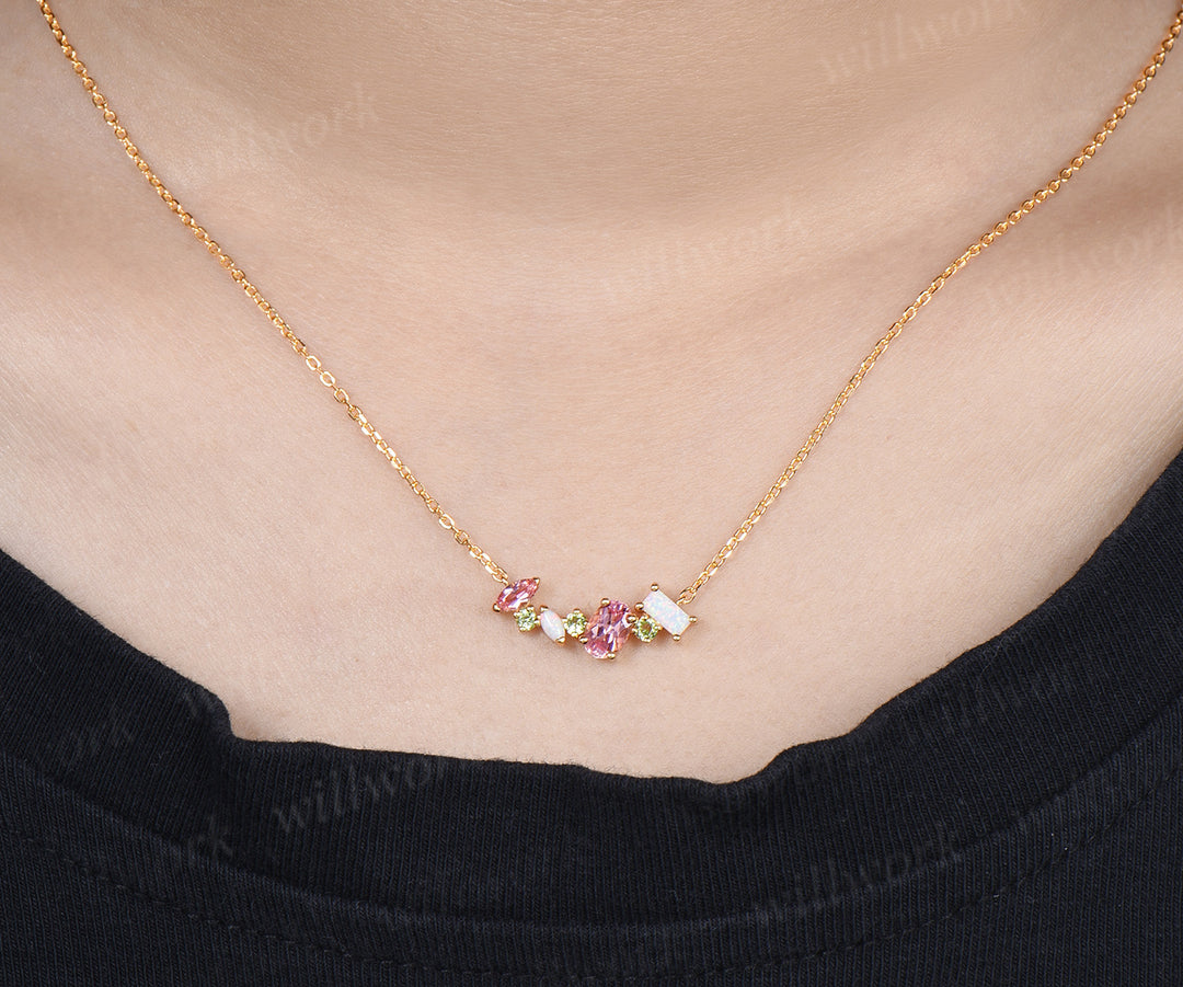 Oval Padparadscha Pink Sapphire Opal Peridot Necklace Multi Stone Bar Pendant Delicate Birthstone Jewelry