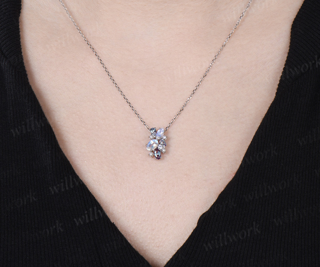 Oval Moonstone Necklace Alexandrite Pearl Cluster Pendant June Birthstone Gemstone Necklace for Women
