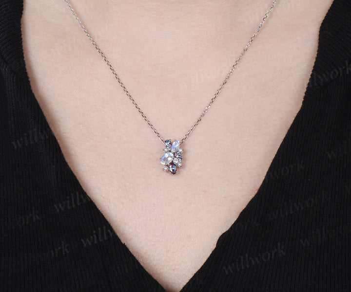 Oval Moonstone Necklace Alexandrite Pearl Cluster Pendant June Birthstone Gemstone Necklace for Women