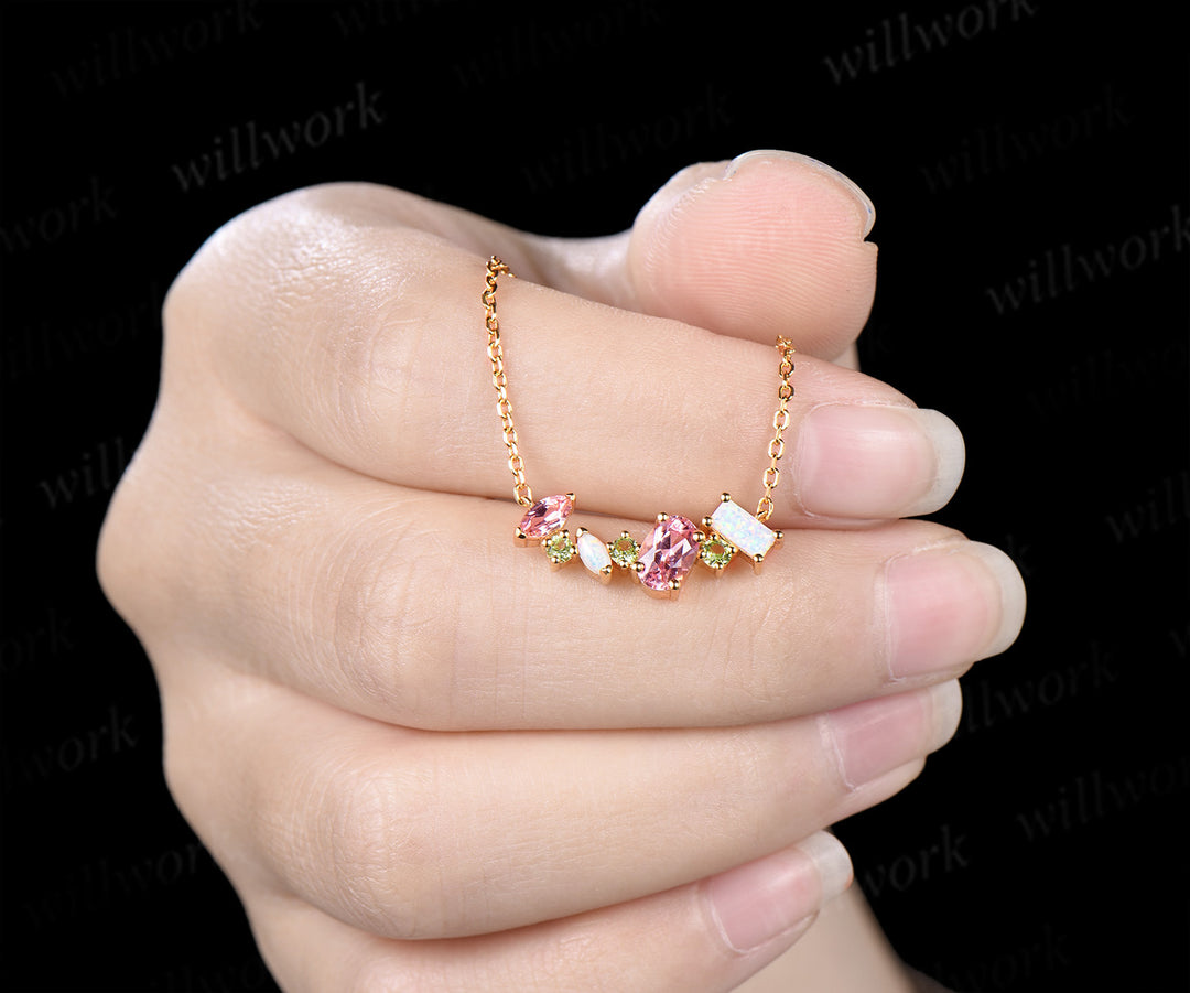 Oval Padparadscha Pink Sapphire Opal Peridot Necklace Multi Stone Bar Pendant Delicate Birthstone Jewelry