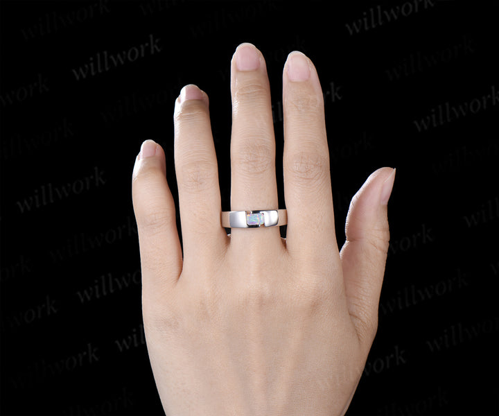 Emerald Cut Opal Mens Engagement Ring Tension Cut Solitaire Minimalist Wedding Ring Anniversary Gifts