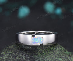 Emerald Cut Opal Mens Engagement Ring Tension Cut Solitaire Minimalist Wedding Ring Anniversary Gifts