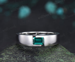 Emerald Cut Emearld Mens Engagement Ring Tension Cut Solitaire Minimalist Wedding Ring May Birthstone Ring