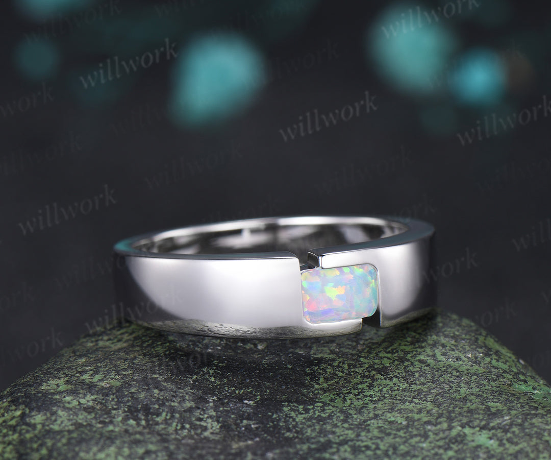 Emerald Cut Opal Mens Engagement Ring Tension Cut Solitaire Minimalist Wedding Ring Anniversary Gifts