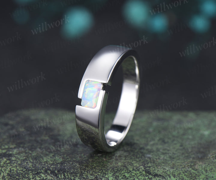 Emerald Cut Opal Mens Engagement Ring Tension Cut Solitaire Minimalist Wedding Ring Anniversary Gifts