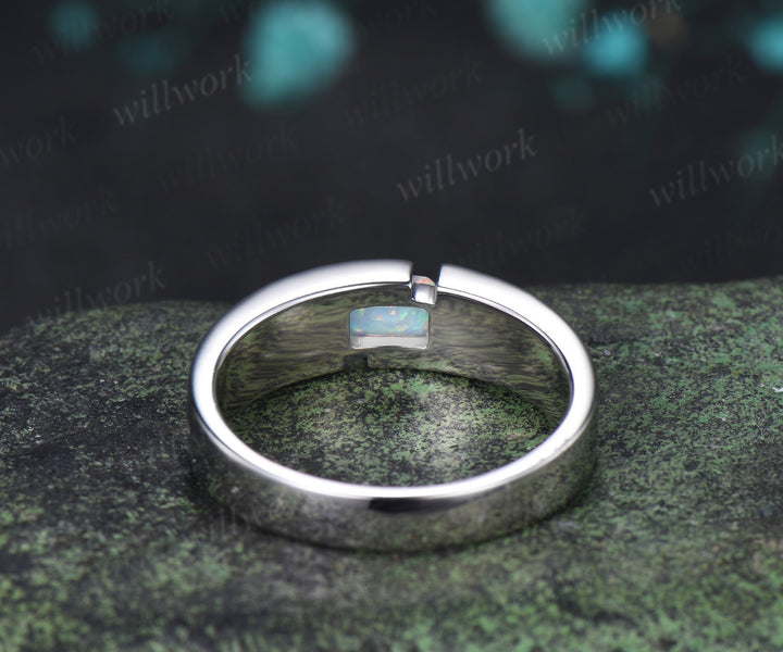 Emerald Cut Opal Mens Engagement Ring Tension Cut Solitaire Minimalist Wedding Ring Anniversary Gifts