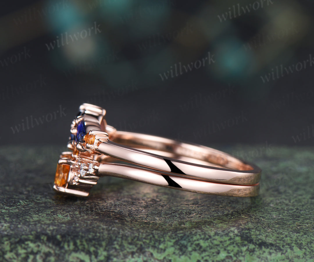 Oval citrine engagement ring set moissanite crystal cluster ring sapphire citrine stacking ring unique bridal set