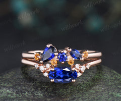 Oval blue sapphire engagement ring set moissanite cluster ring sapphire citrine stacking ring unique bridal set