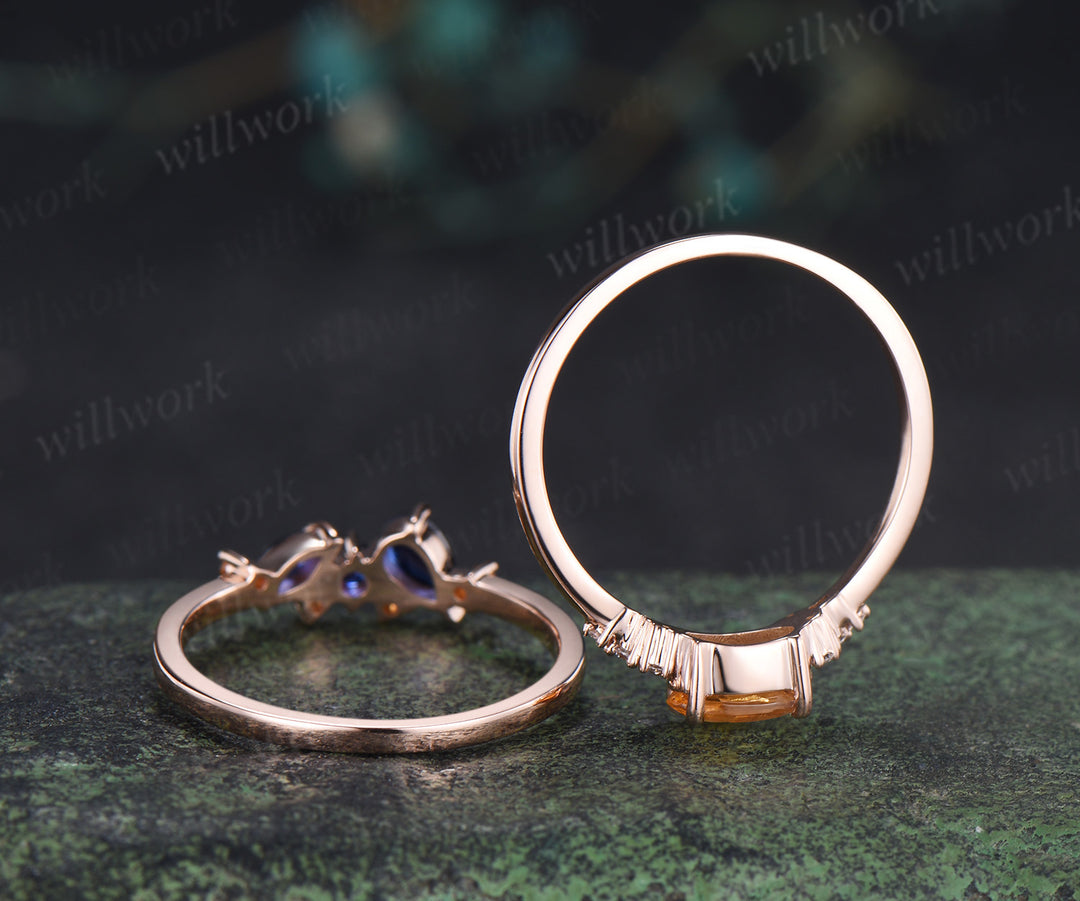 Oval citrine engagement ring set moissanite crystal cluster ring sapphire citrine stacking ring unique bridal set