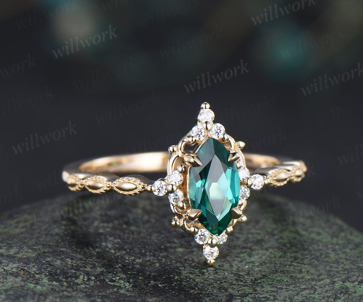 Marquise emerald engagement ring vintage cluster diamond ring wedding promise anniversary ring
