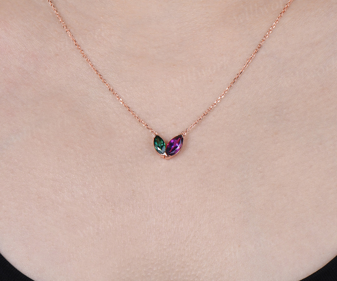 Marquise Cut Emerald Amethyst Necklace Dainty Two Birthstones Pendant with V Prong Minimalist Toi Et Moi Necklace Gifts for Her
