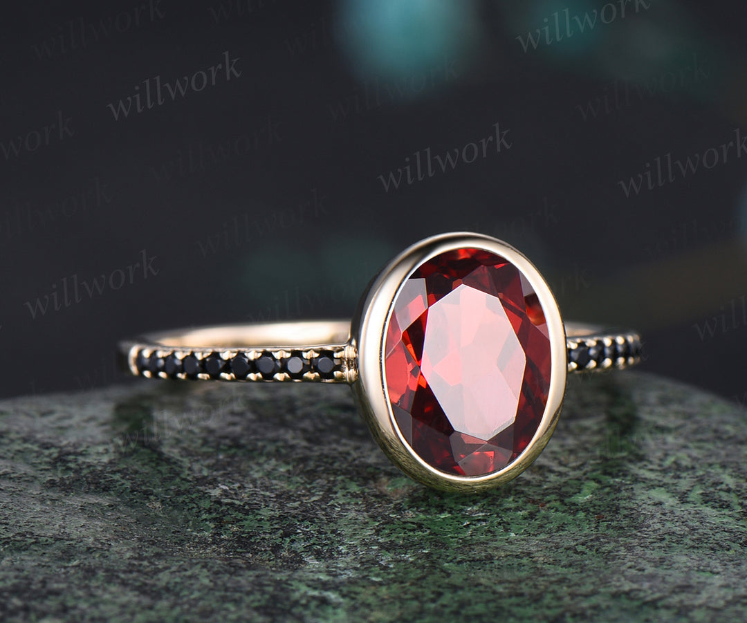 Oval Cut Red Ruby Engagement Ring Unique Black Spinel Diamond Half Eternity Ring Bezel Set Promise Ring