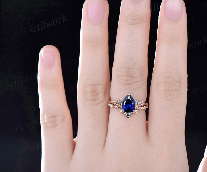 Unique Leaf Flower Nature Inspired Engagement Ring Set Art Deco September Birthstone Blue Sapphire Wedding Ring Alexandrite Moissanite 2pcs Bridal Ring Set