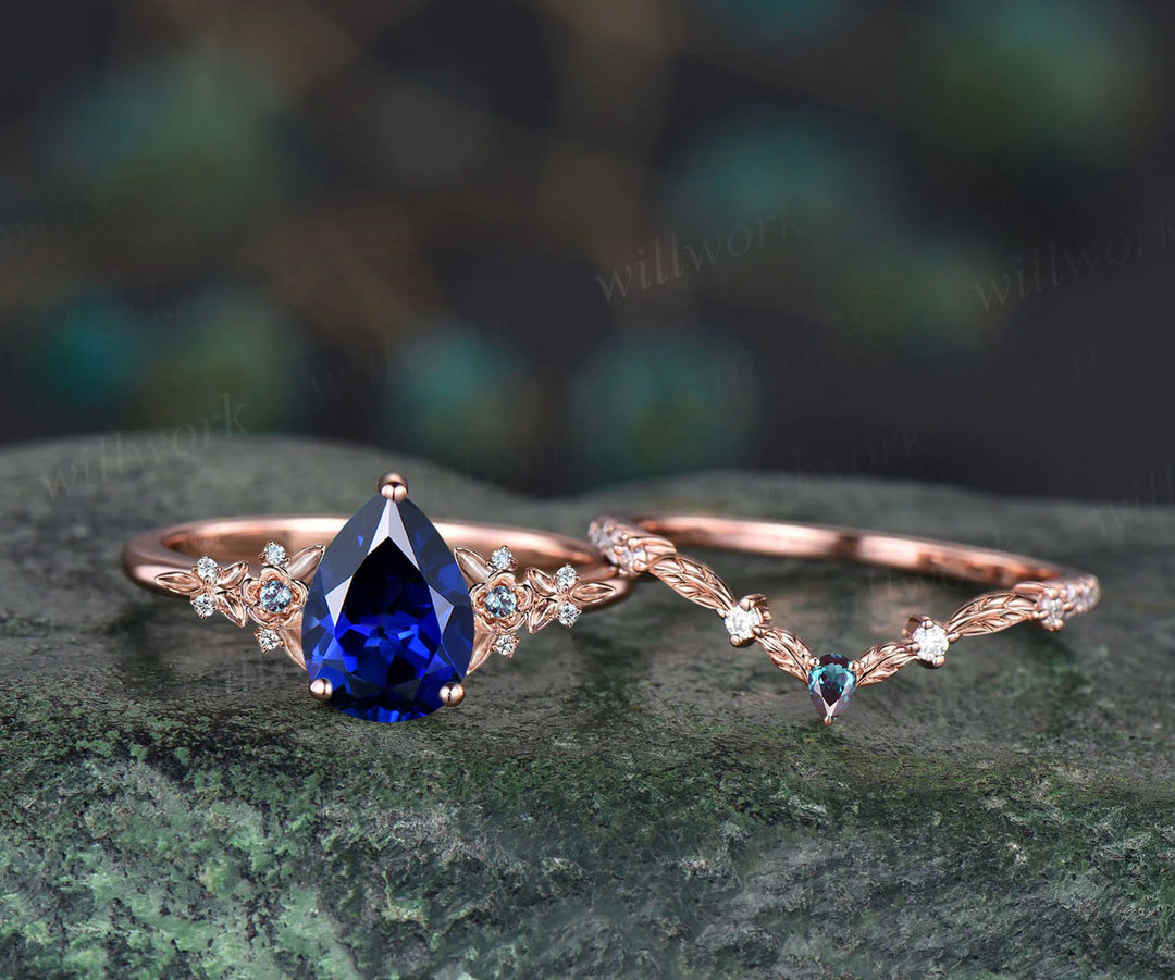 Unique Leaf Flower Nature Inspired Engagement Ring Set Art Deco September Birthstone Blue Sapphire Wedding Ring Alexandrite Moissanite 2pcs Bridal Ring Set