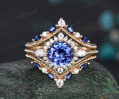 Vintage round natural tanzanite ring set unique moissanite halo milgrain ring curved matching bands yellow gold bridal set