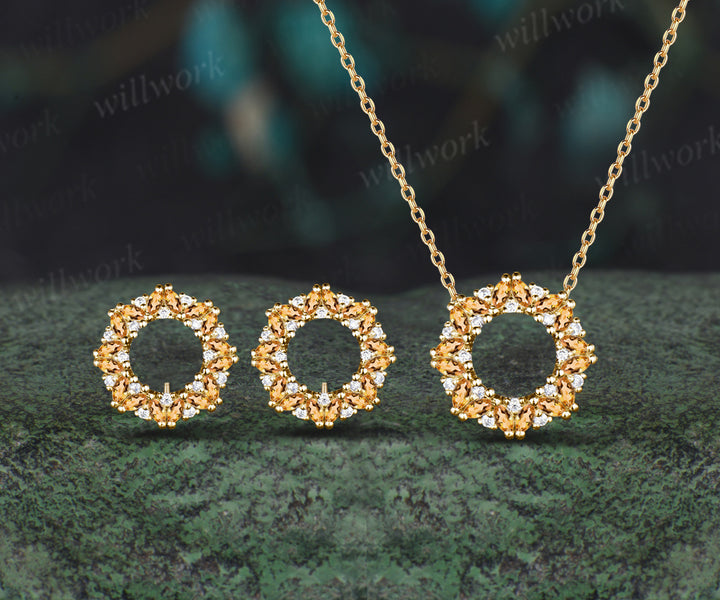 Christmas Wreath Marquise Citrine Necklace Earrings Set Stud Moissanite Pendant Eardrop Earrings