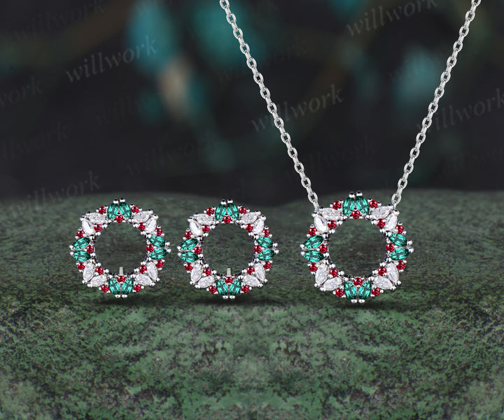 Wreath Marquise Emerald Moissanite Earrings Necklace Set Stud Ruby Pendant Eardrop Earring Christmas