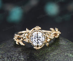 Round Moissanite Engagement Ring Claw Prong Twisted Vine Floral Solitaire Ring Nature Inspired Promise Ring