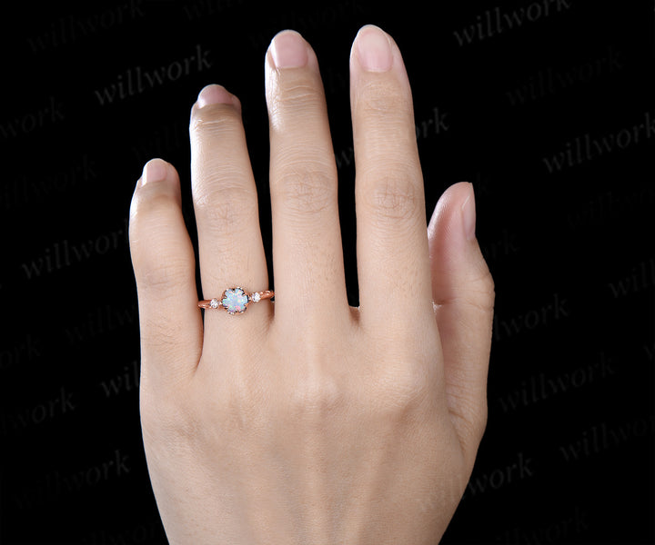 Vintage Round Opal Engagement Ring Three Stone Diamond Ring Filigree Floral Opal Promise Ring