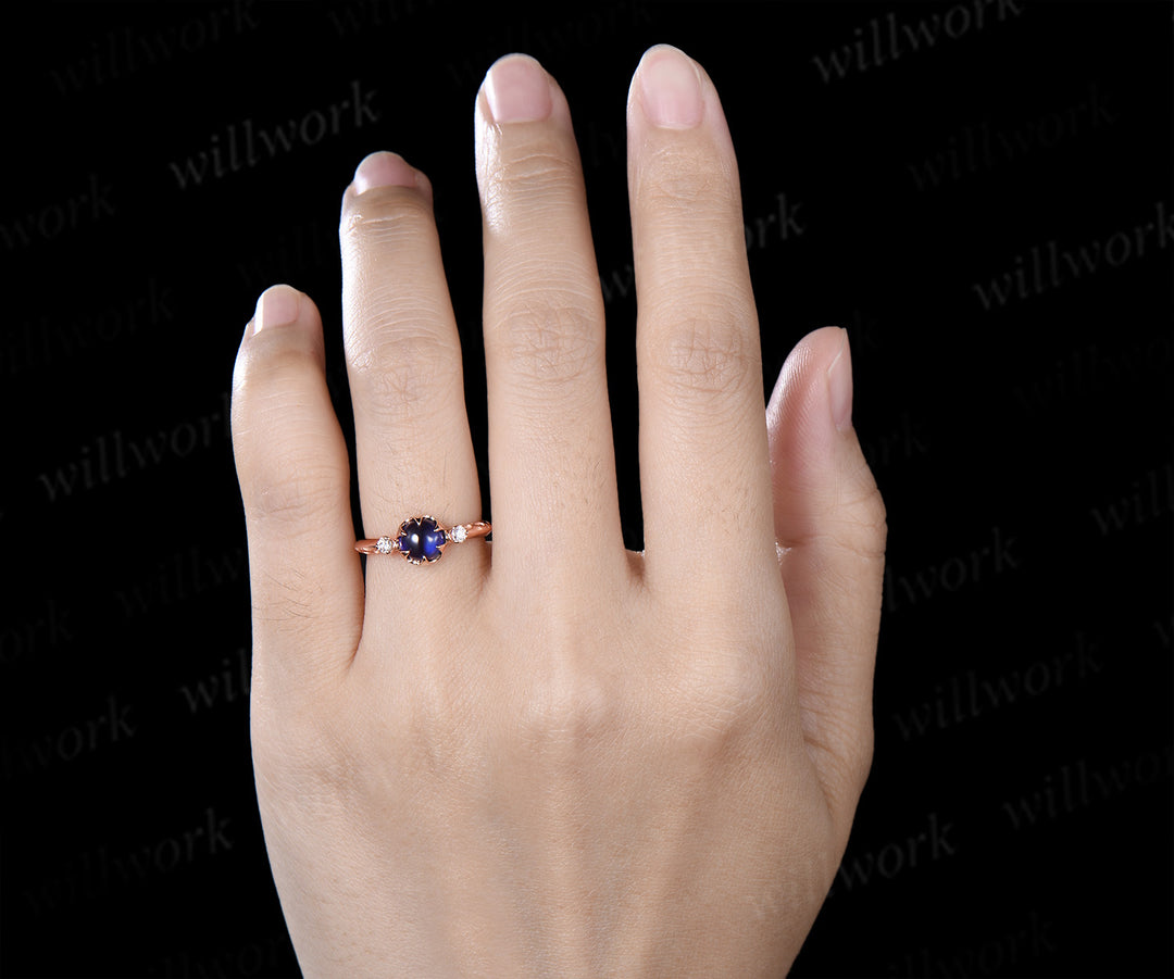 Vintage Round Sapphire Engagement Ring Three Stone Diamond Ring Filigree Floral Cabochon Sapphire Promise Ring